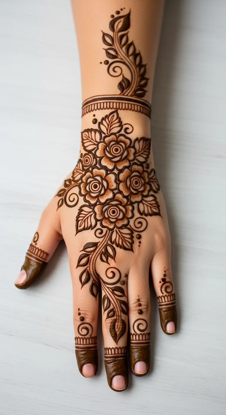 Rose cluster mehndi design for back hand
