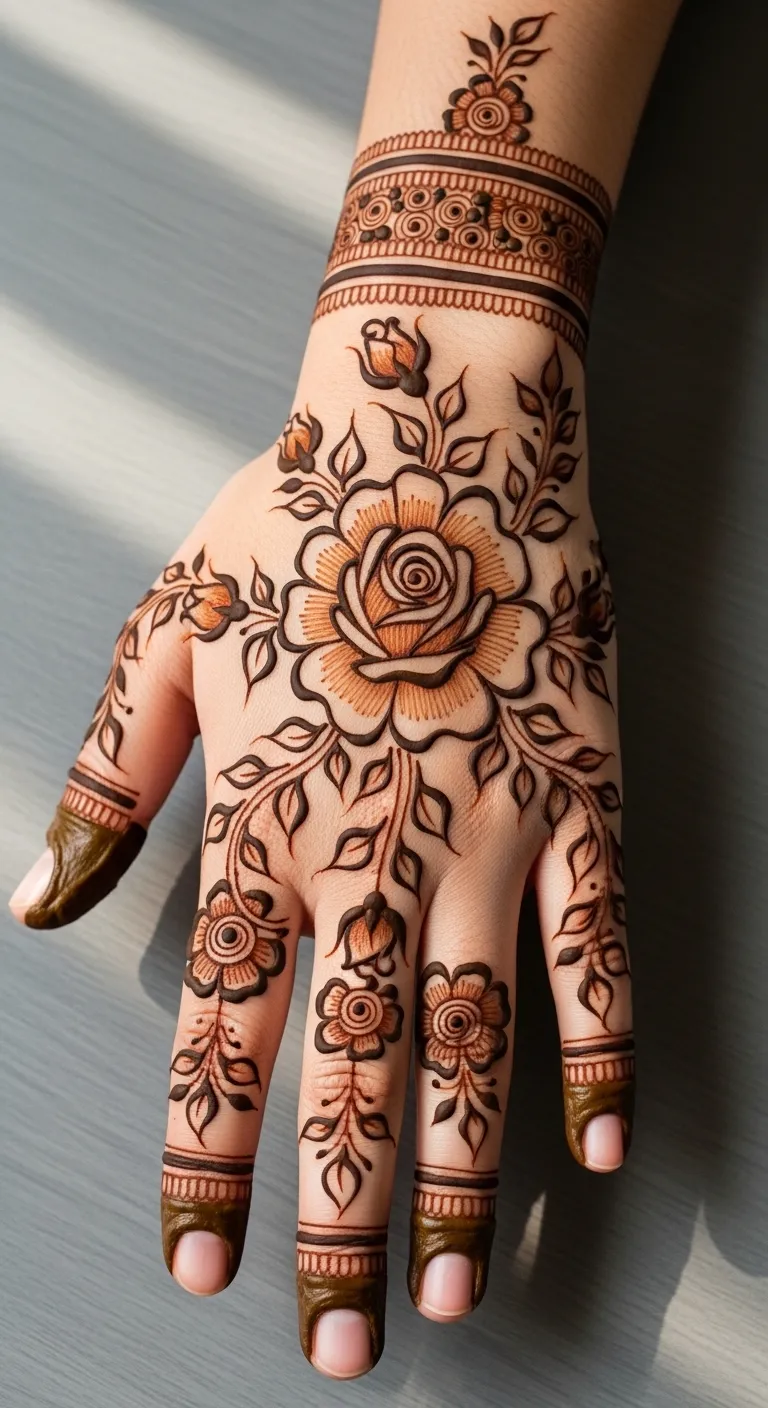 Large rose bloom in the center surrounded by tiny buds and curving stems on either side
