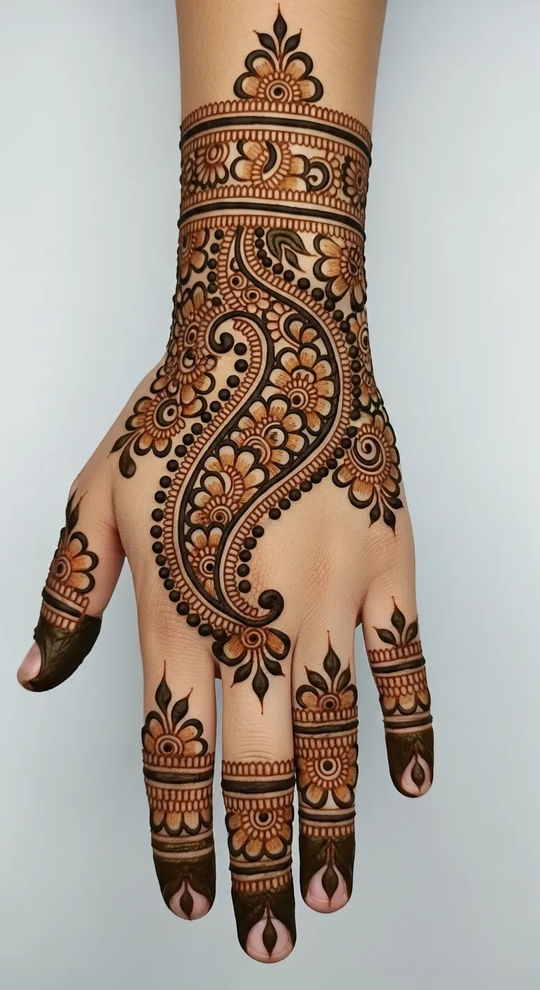 Back hand shaded paisley trail Arabic mehndi
