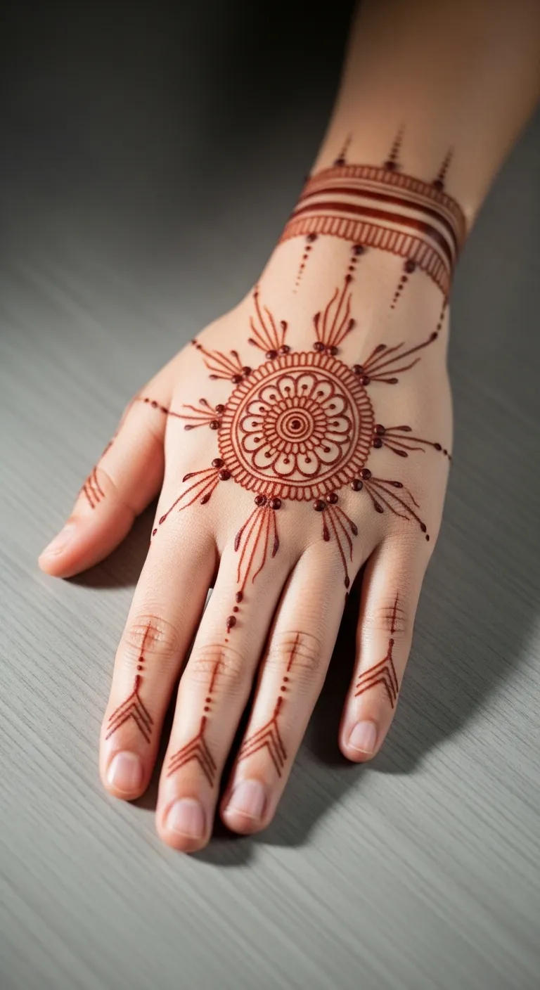 Back hand Eid mehndi with mandala rays