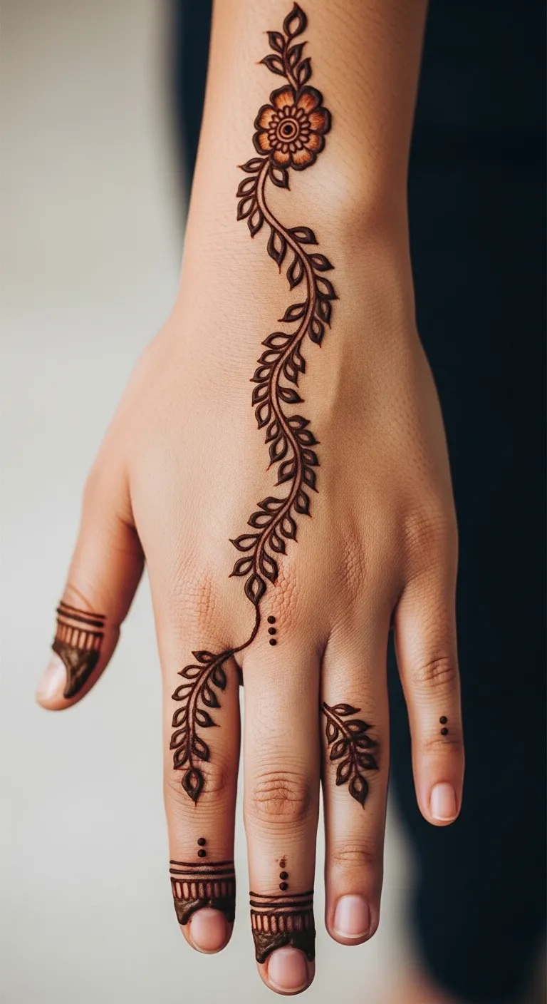 Bail mehndi design on back hand with central vine