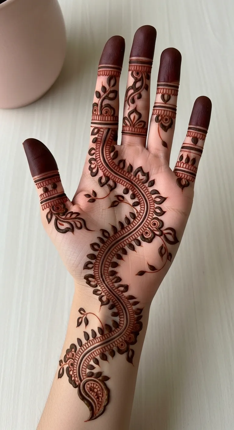 Bail mehndi flowing from palm center to fingertip