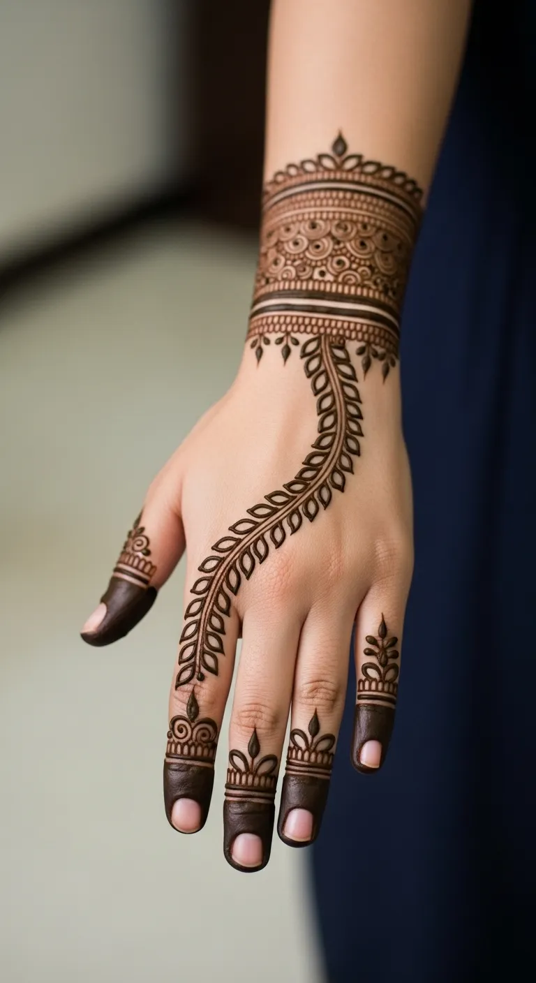 Bail mehndi on each finger with matching leaves