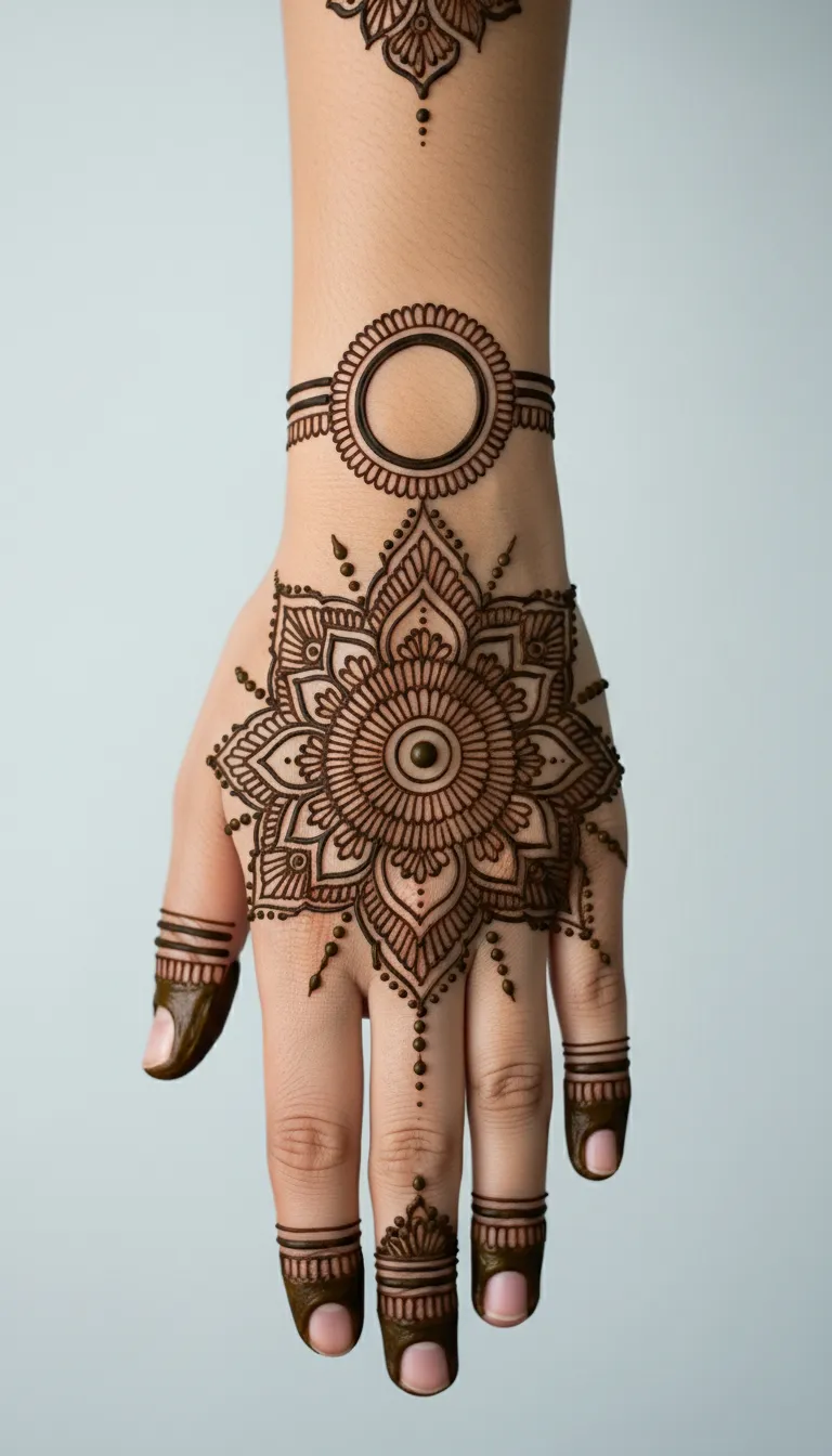 Best back hand mehndi design with central mandala pattern