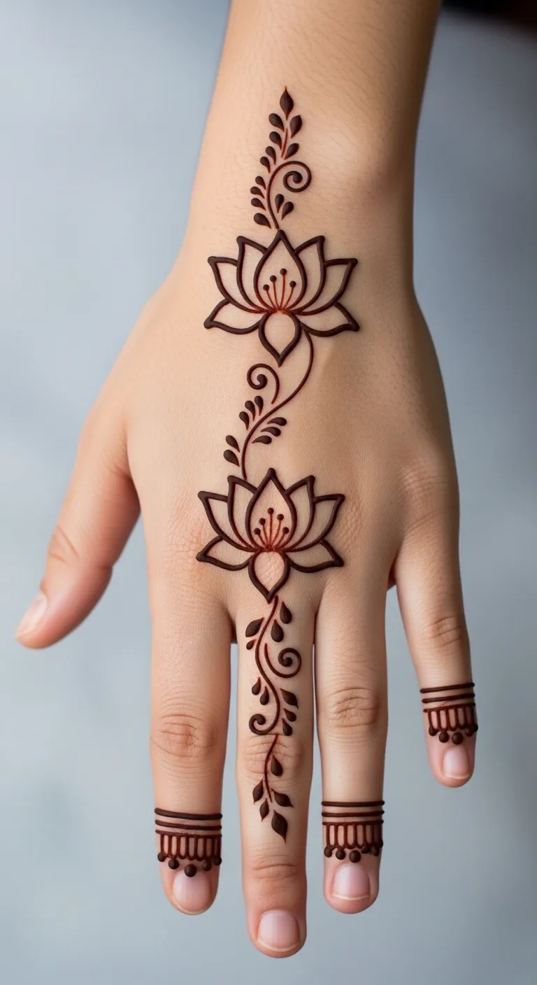 Double lotus mehndi design with vine on back hand