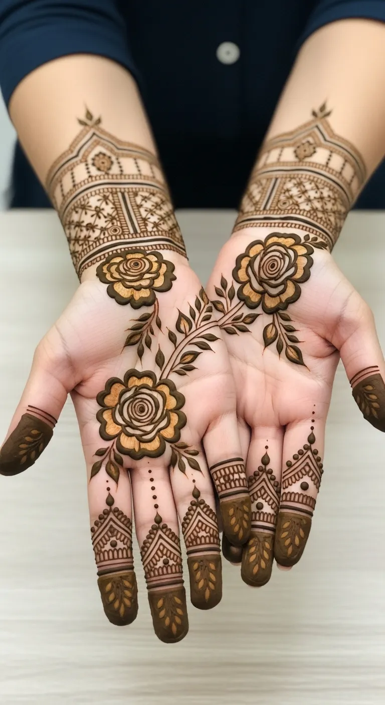 Double rose mehndi design with stem and leaves