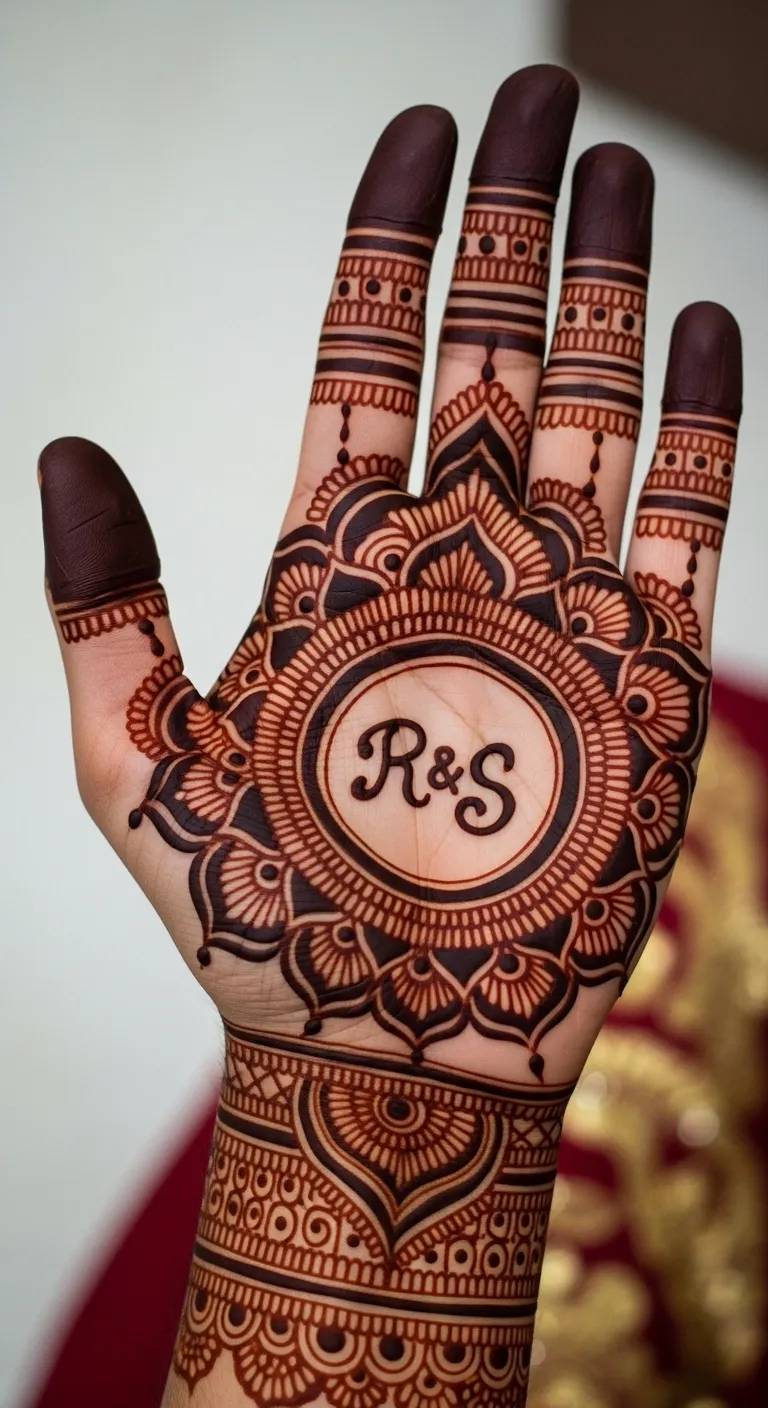 Best dulha mehndi design with mandala and initials
