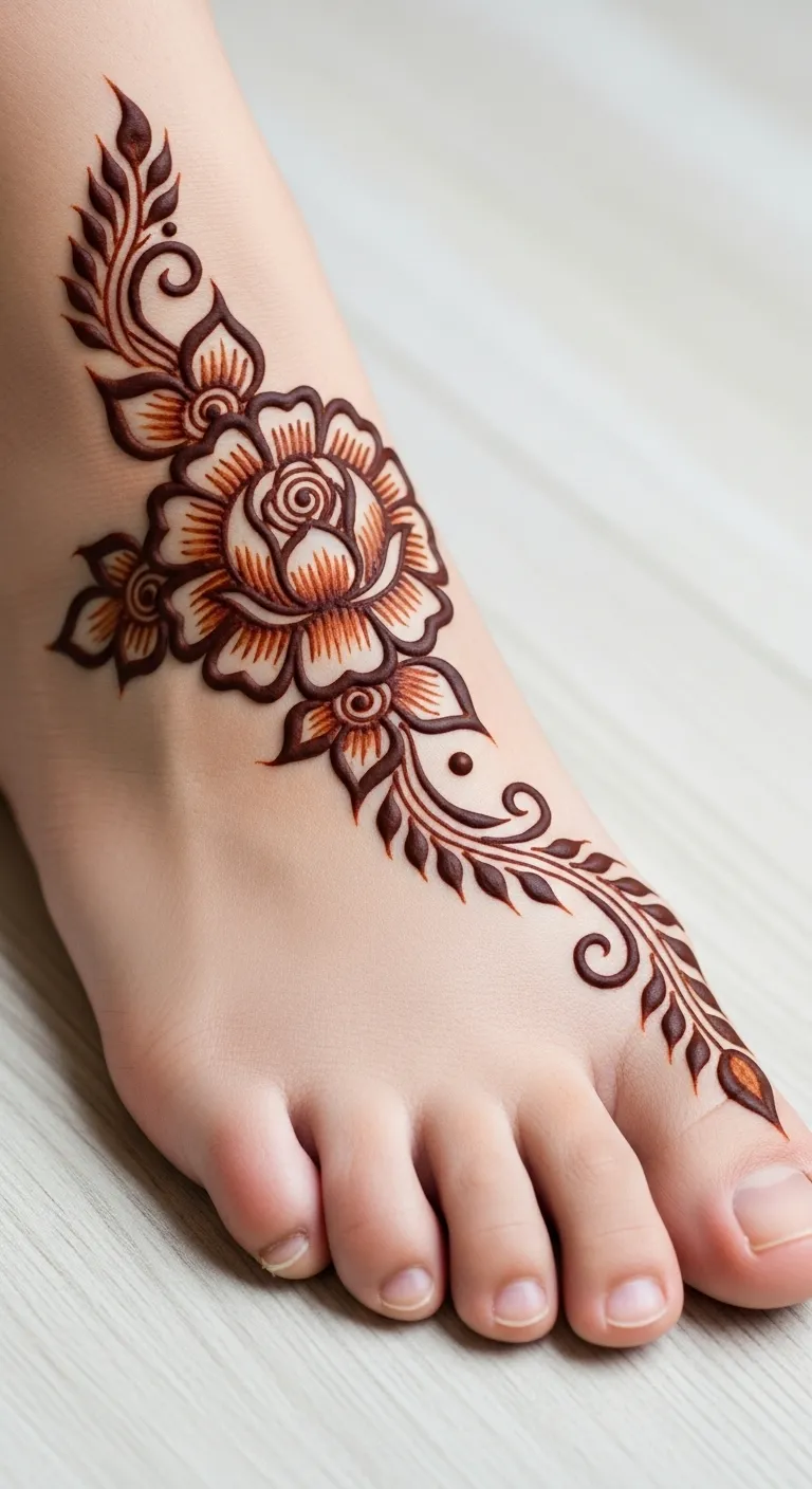 Beautiful half foot mehndi design with floral center