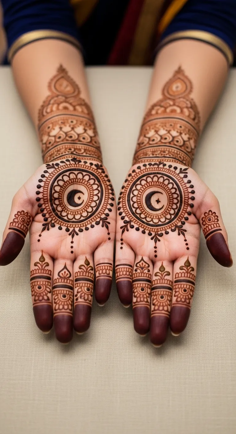 Best Karwa Chauth mehndi design with mandala and crescent moon