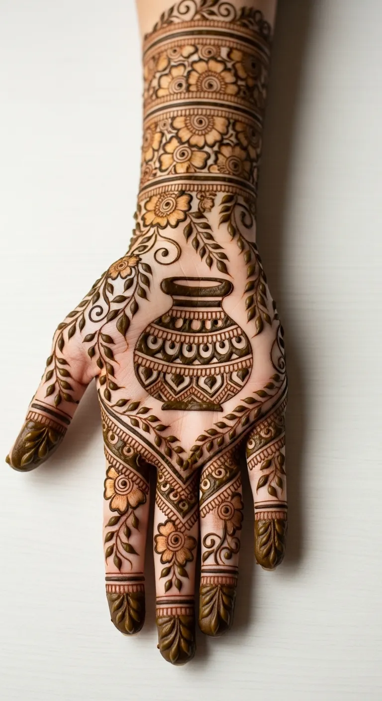 Karwa Chauth mehndi with karwa pot and floral border