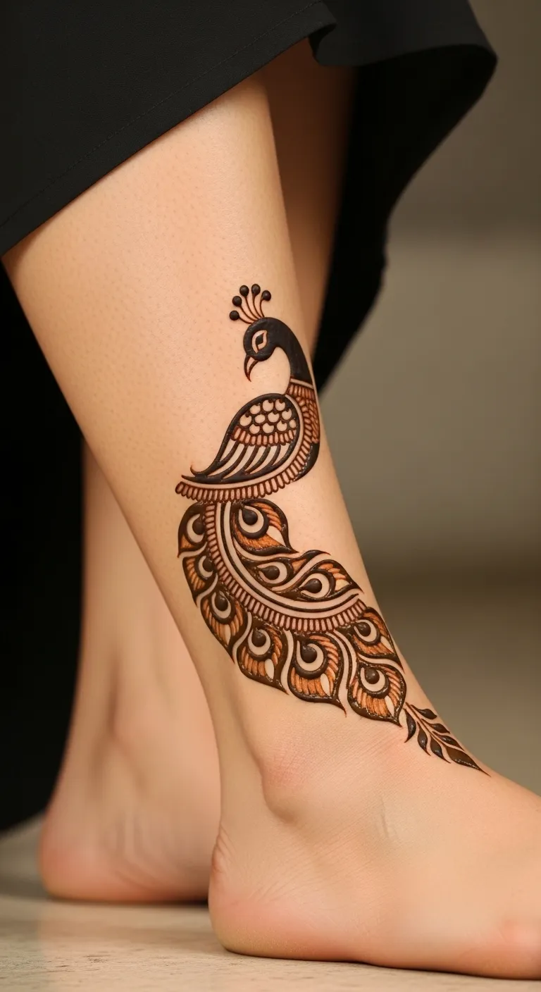 Best leg mehndi design with peacock on calf