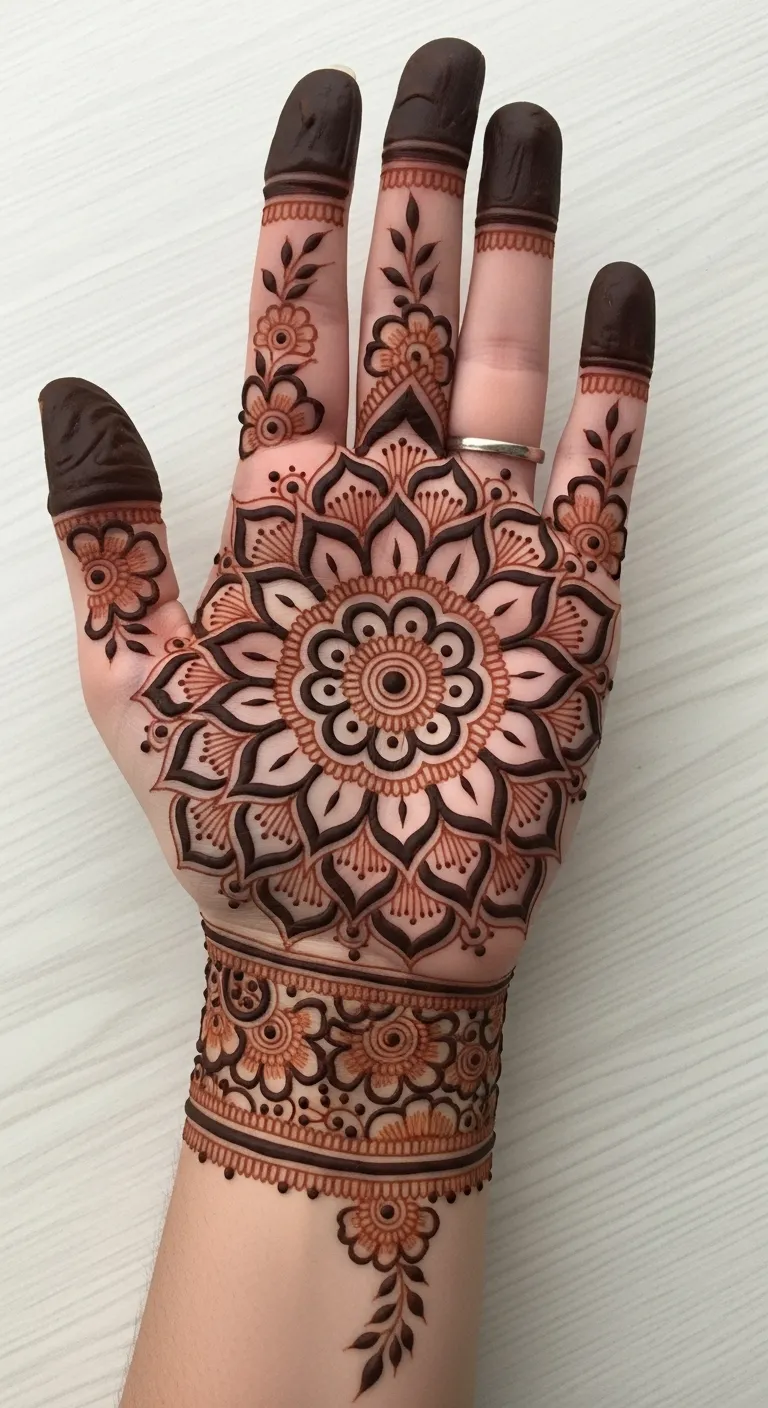 Best mandala mehndi design on palm with layered petals