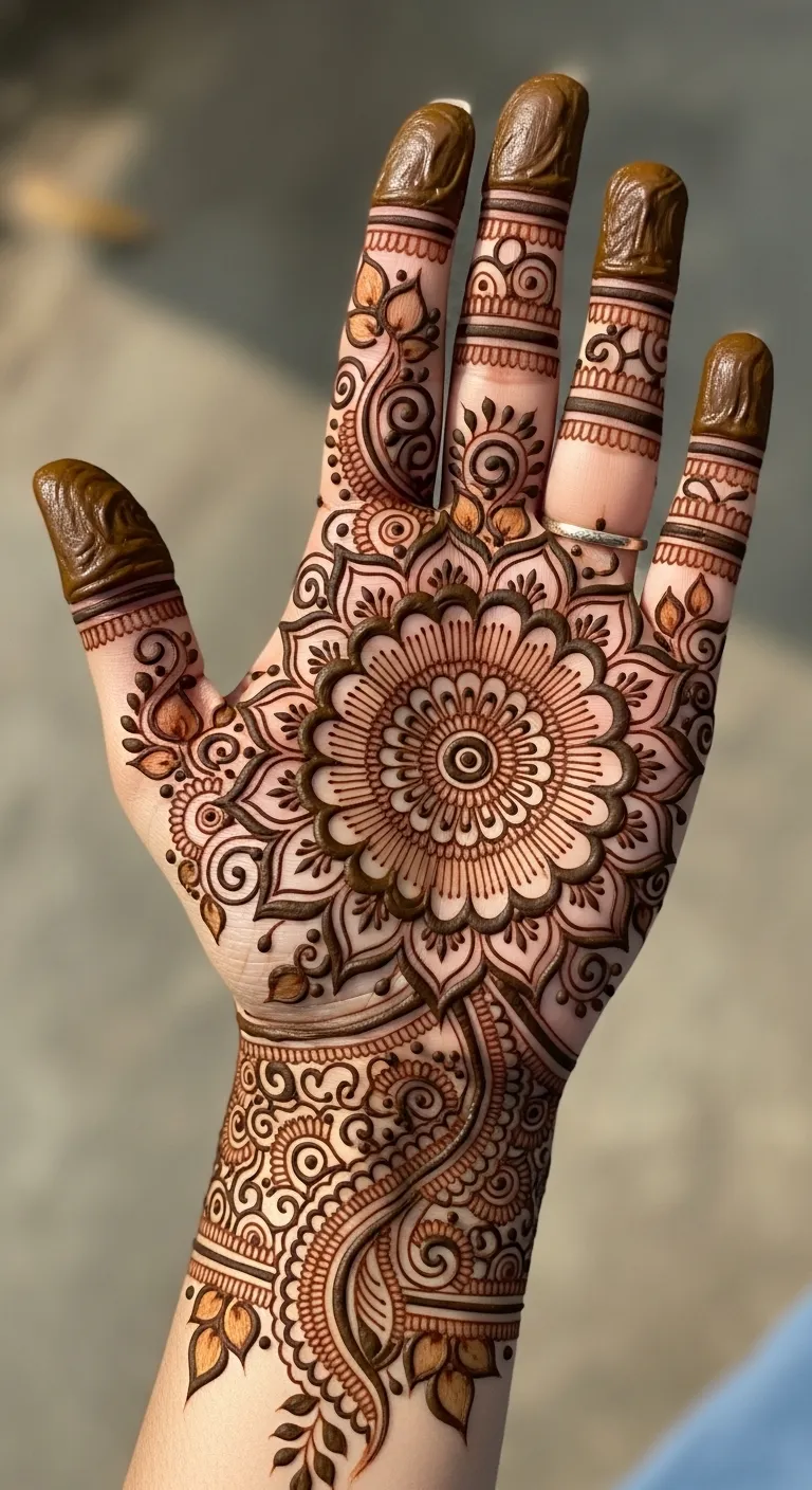 Best palm mehndi design with central mandala