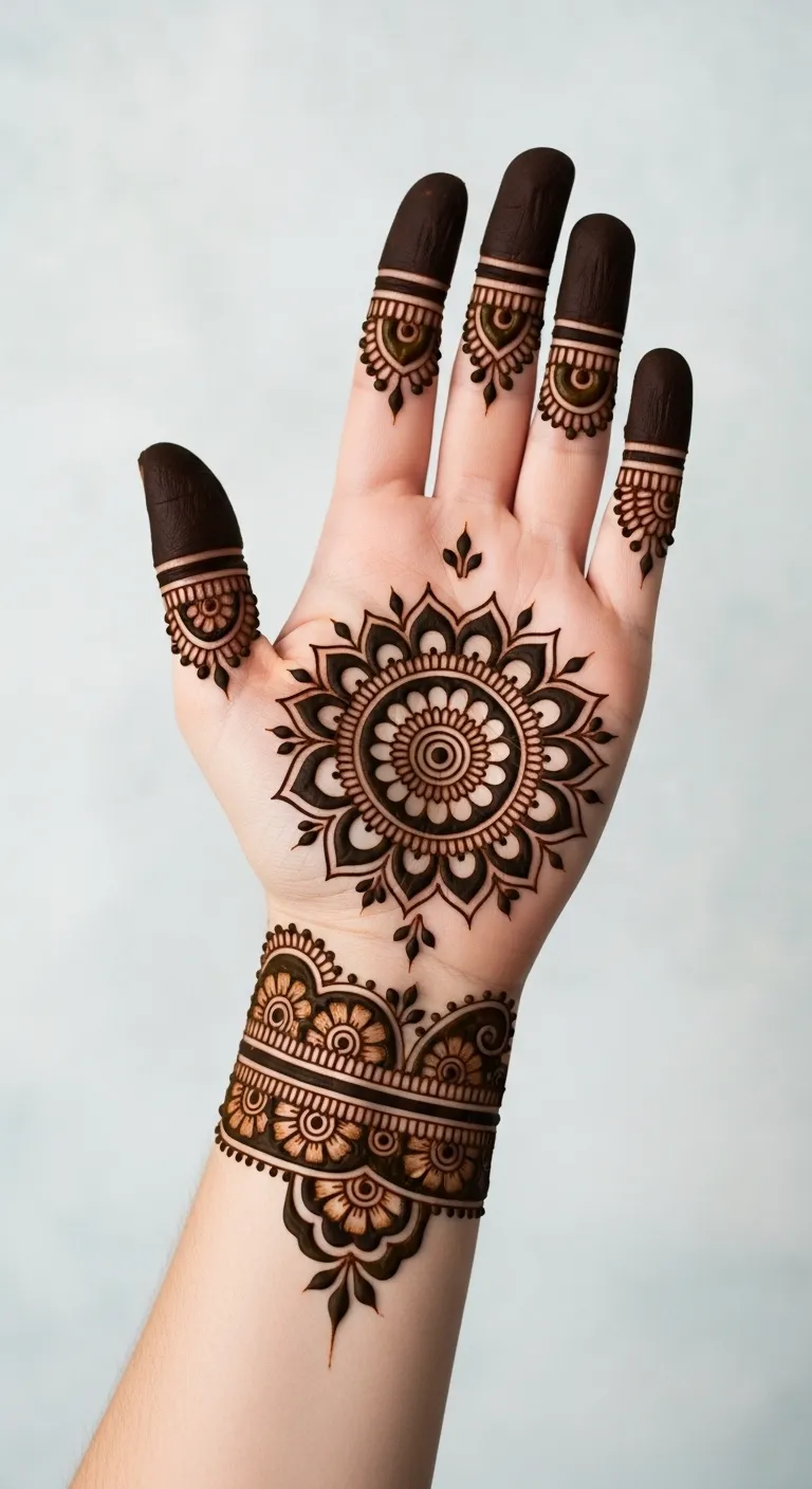 Best right hand mehndi design with bold mandala