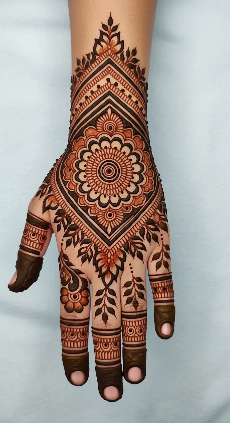 Bold circle mandala mehndi with leaf border on back hand