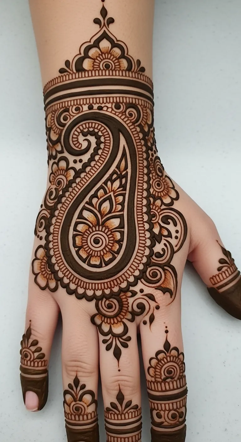 Bold paisley Arabic mehndi back hand