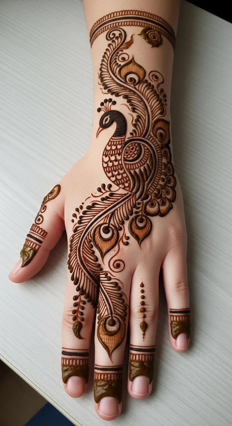 Bold peacock mehndi design in center of palm