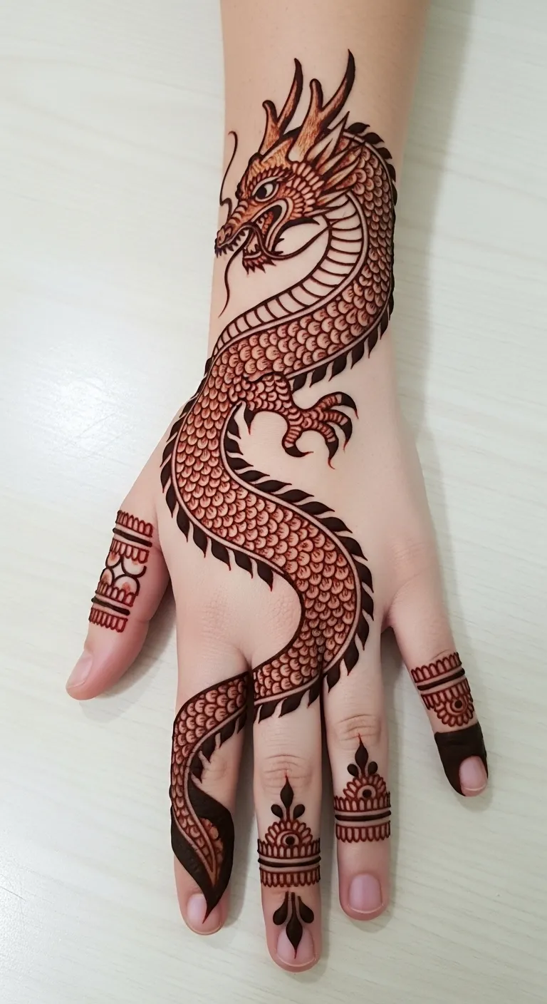 Bold dragon tattoo mehndi design on hand