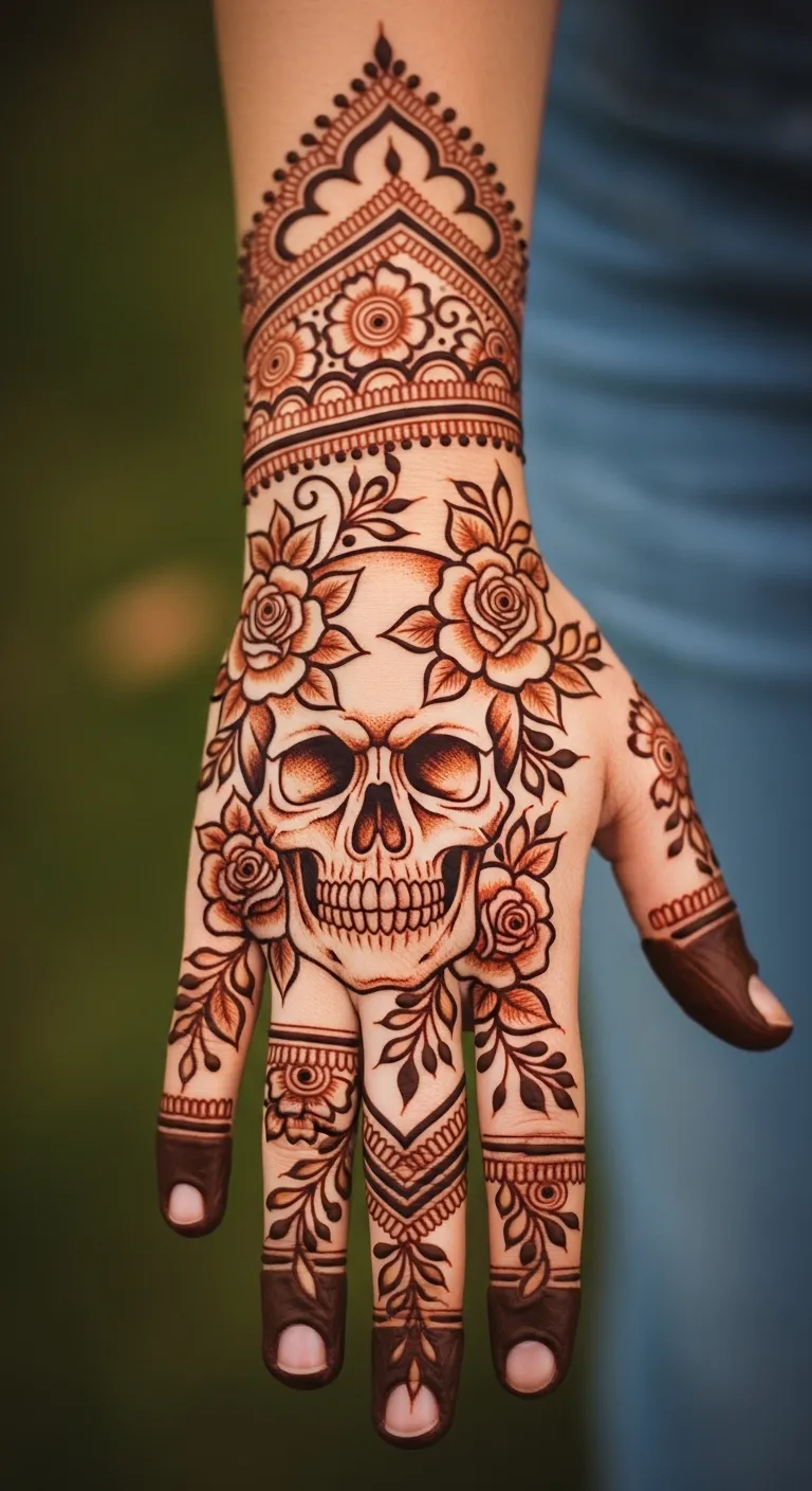 Bold skull and roses tattoo mehndi design