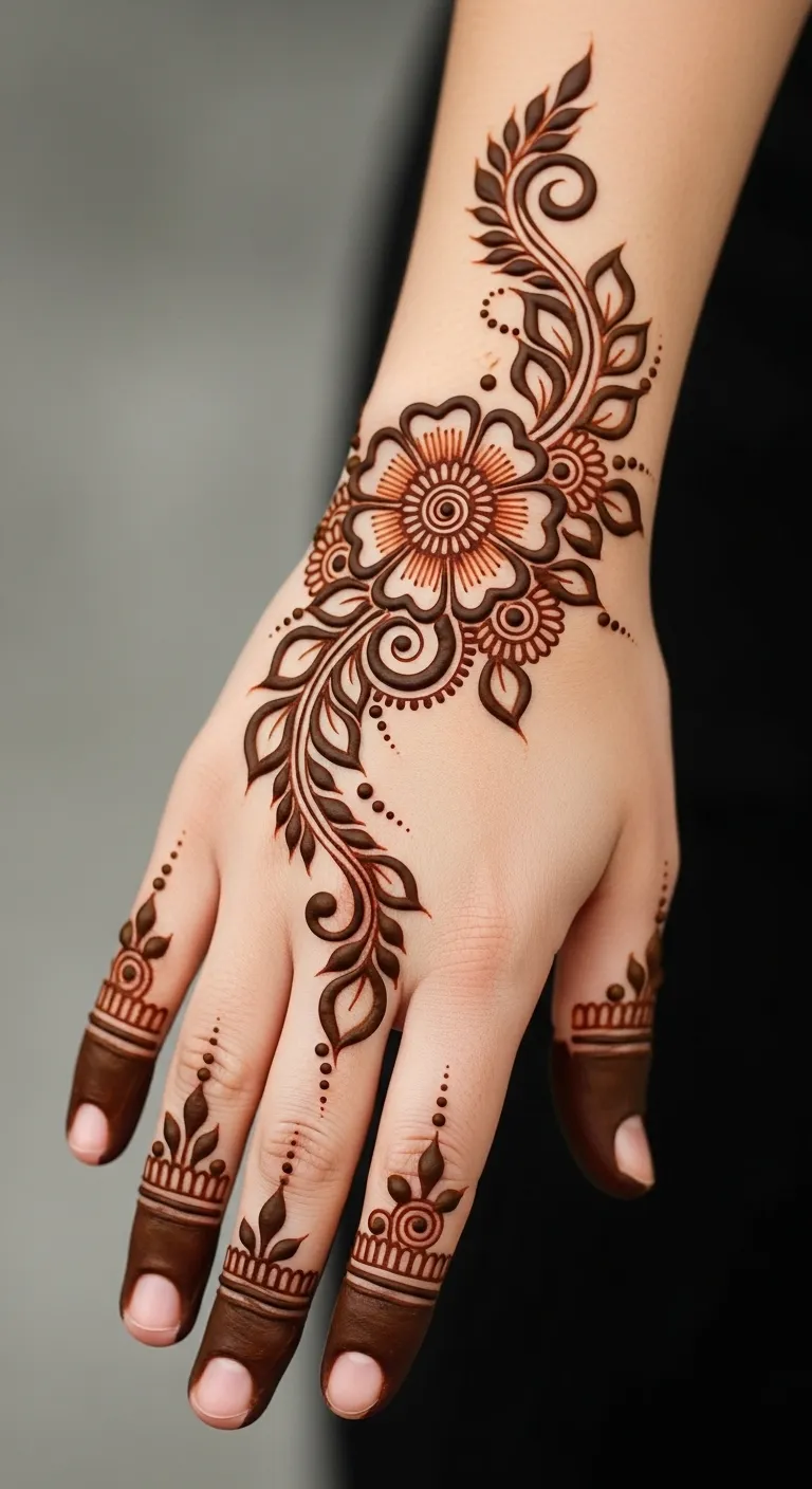 Bridal Arabic back hand flower cascade mehndi