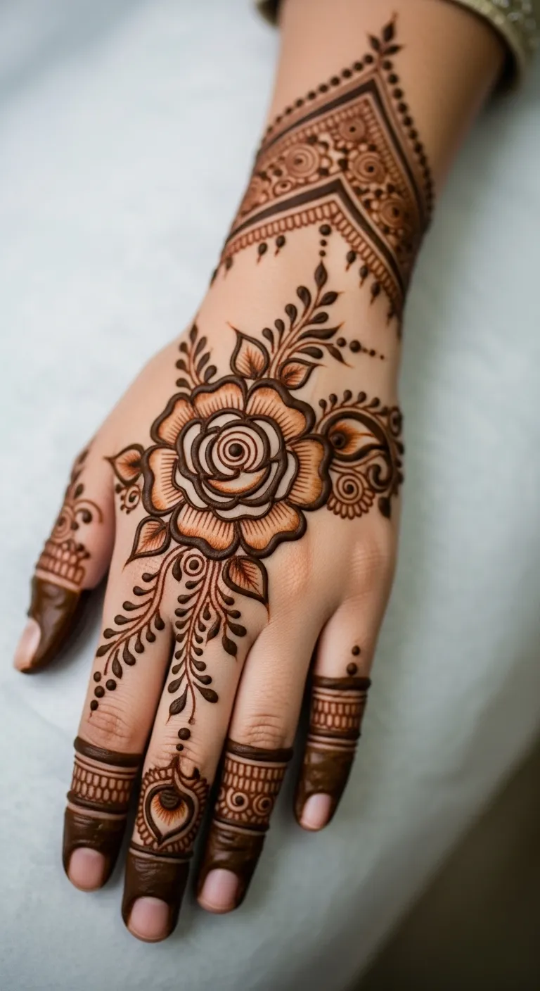 Bridal Arabic large blooming rose mehndi design