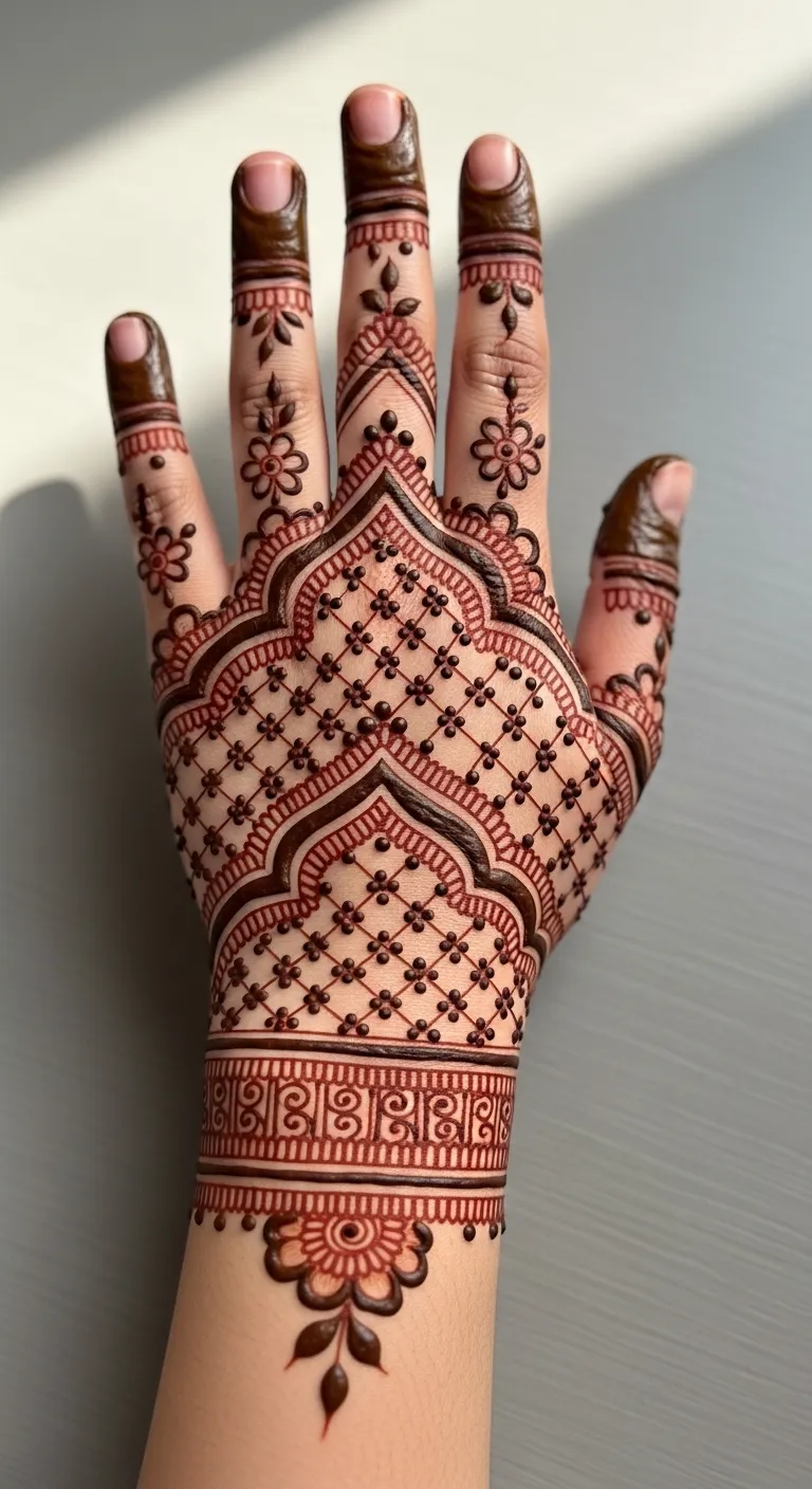 Bridal back hand mehndi design with intricate jaal work