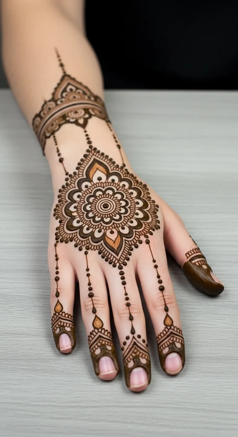 Bridal back hand mehndi with ornamental mandala