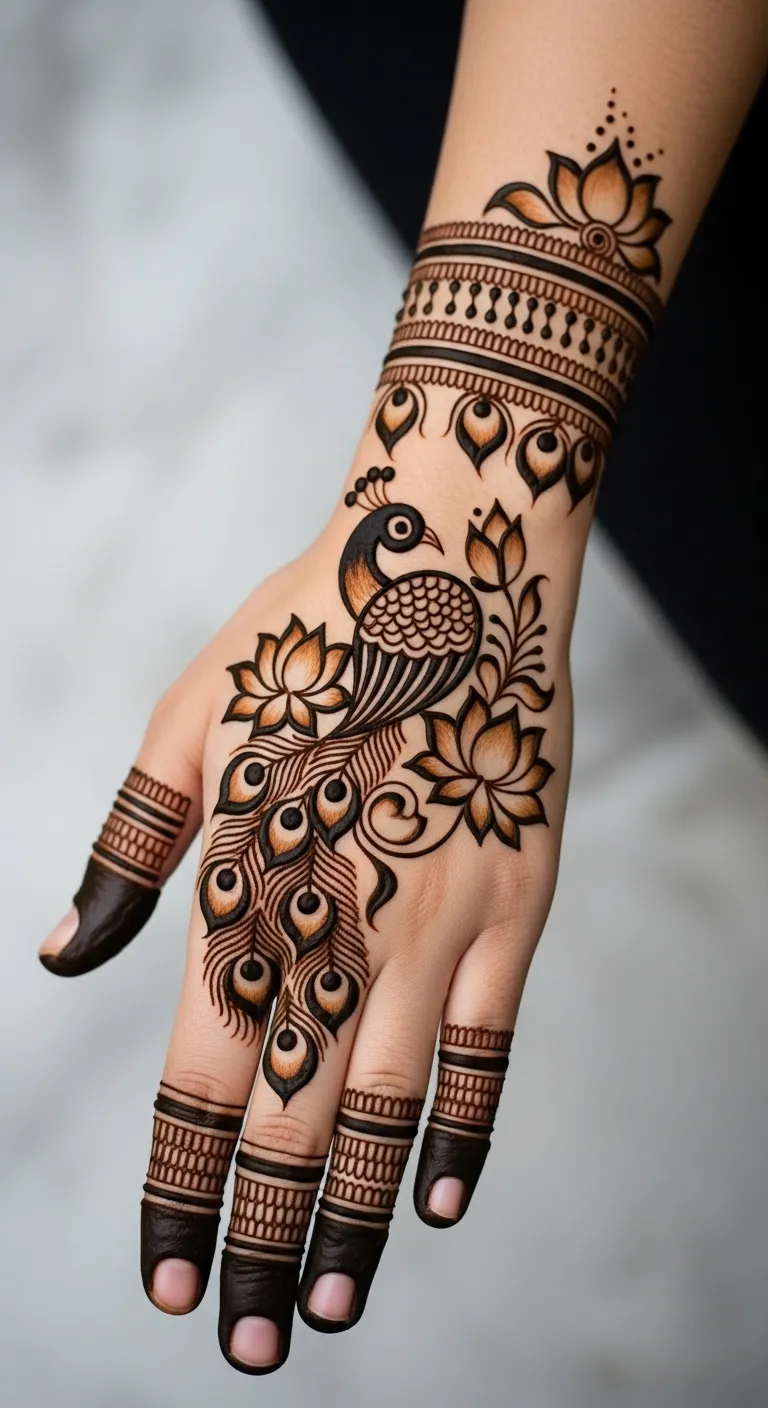 Bridal peacock and lotus back hand mehndi design