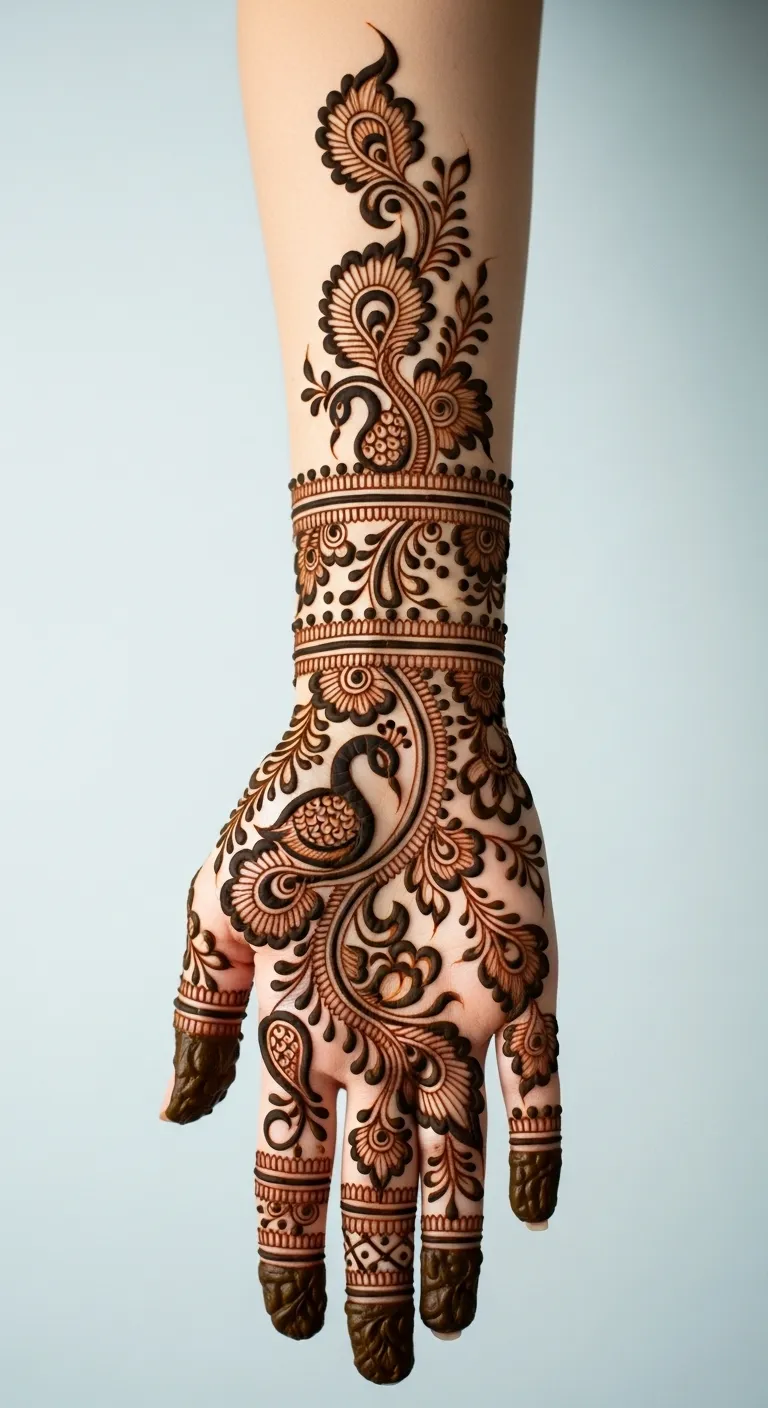 Bridal bail mehndi with peacock and paisley