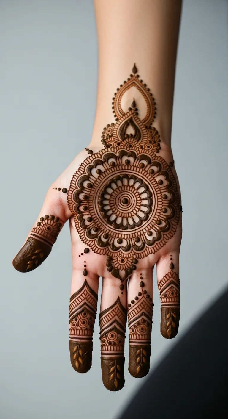 Elaborate bridal circle mehndi covering palm and fingers