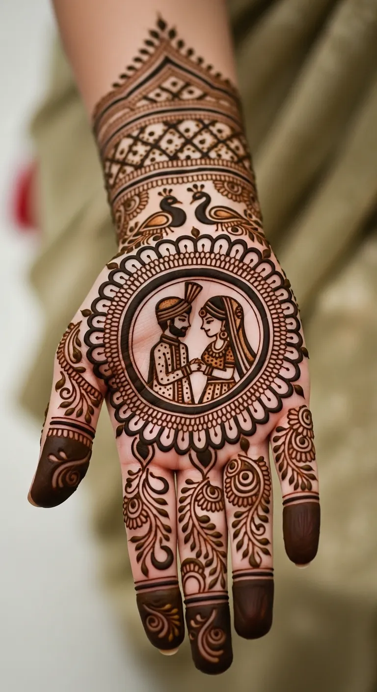 Bridal circle mehndi with dulha dulhan figures on palm