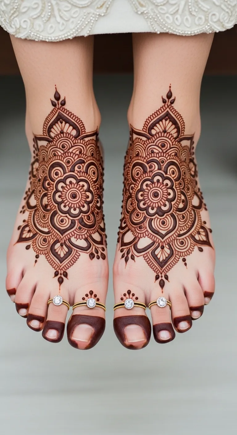 Bridal feet mehndi with mandala and toe ring design