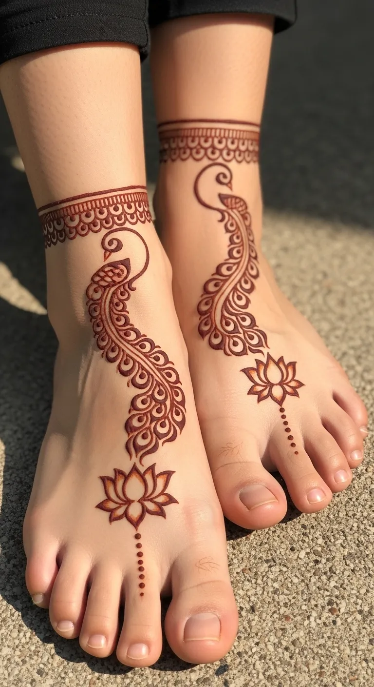 Bridal feet mehndi with peacock and lotus