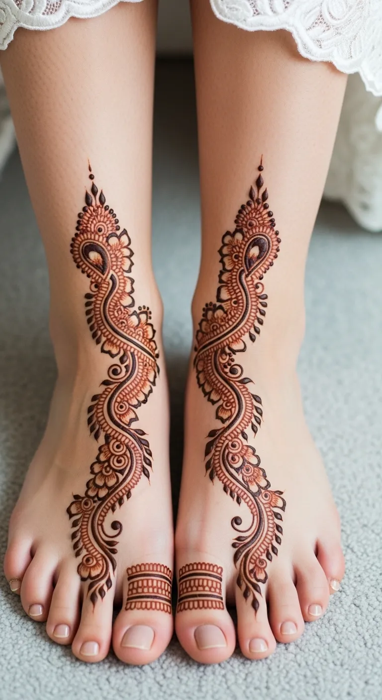 Bridal feet henna with paisley trail to ankle