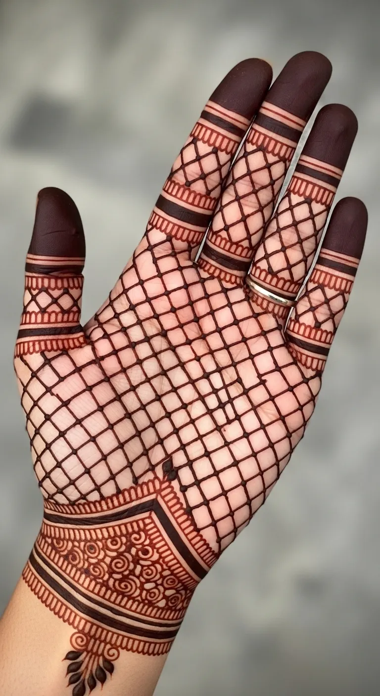 Bridal finger mehndi with jaal pattern