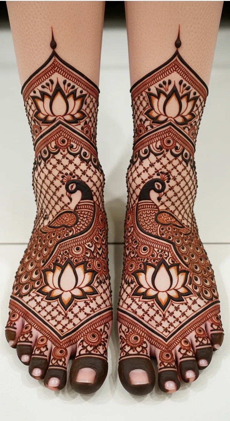 Bridal foot mehndi design with lotus and peacock