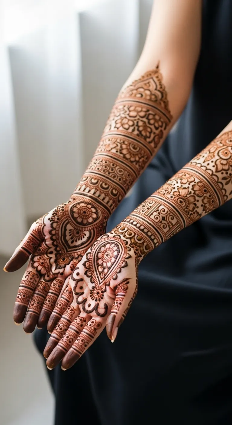 Bridal Karwa Chauth mehndi extending from hand to elbow