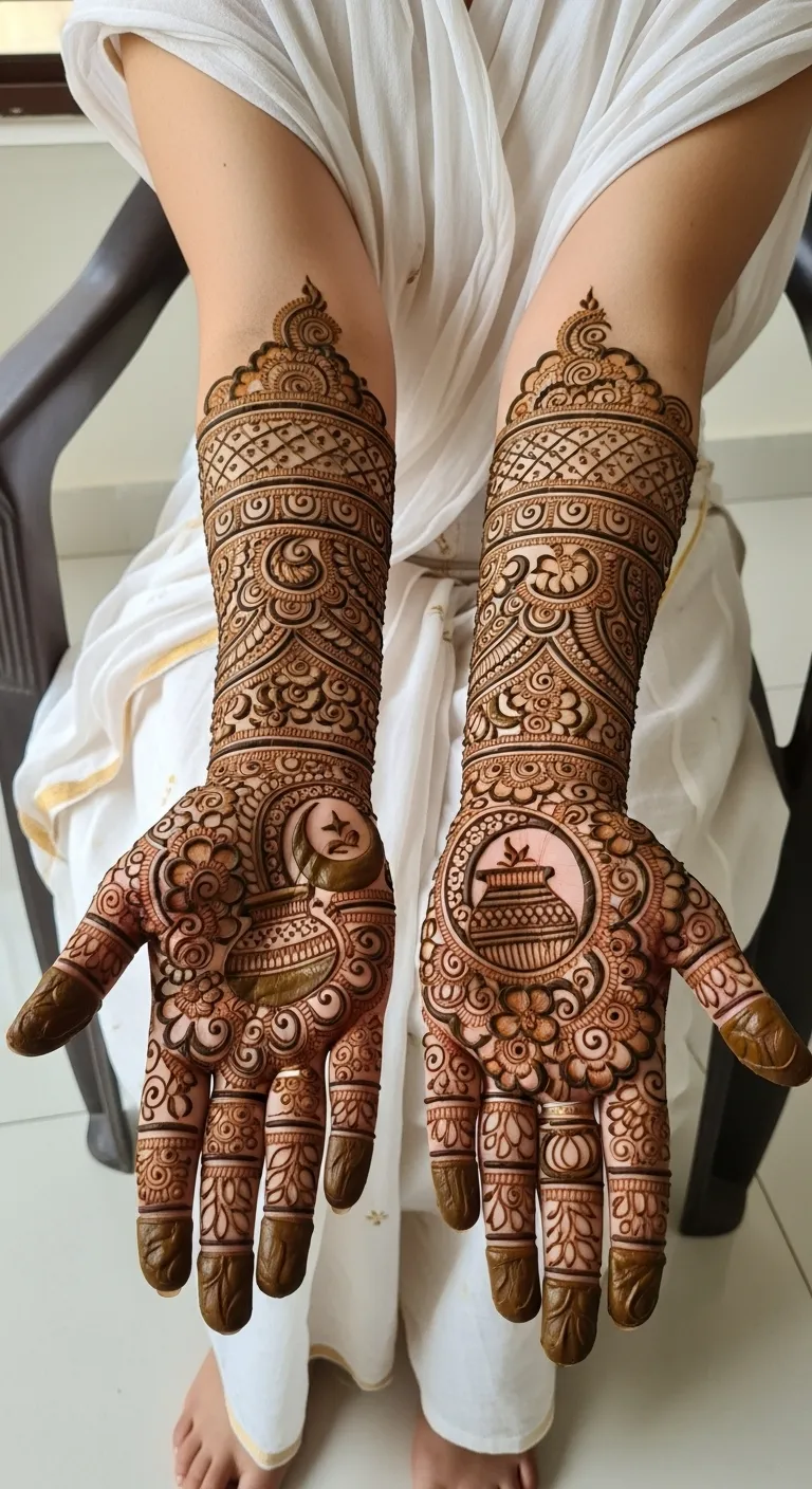 Bridal Karwa Chauth mehndi with karwa moon and chalni