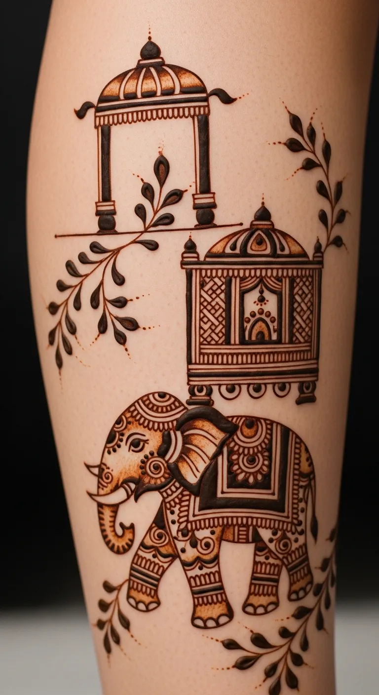 Bridal leg mehndi with elephant and doli motifs