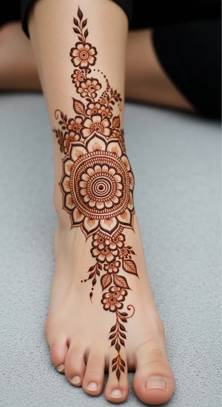 Bridal leg mehndi with layered mandala and flowers