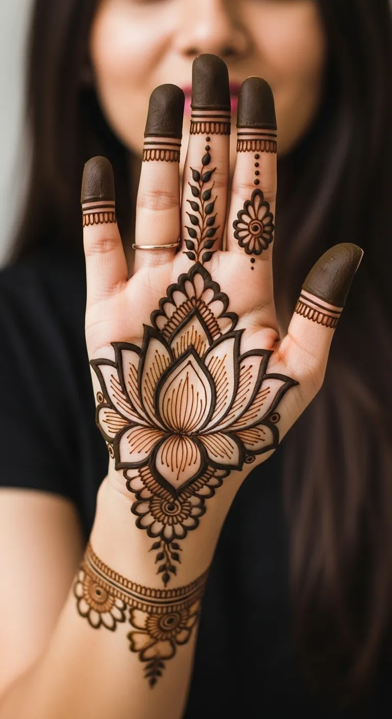 Bridal lotus mandala mehndi on full palm