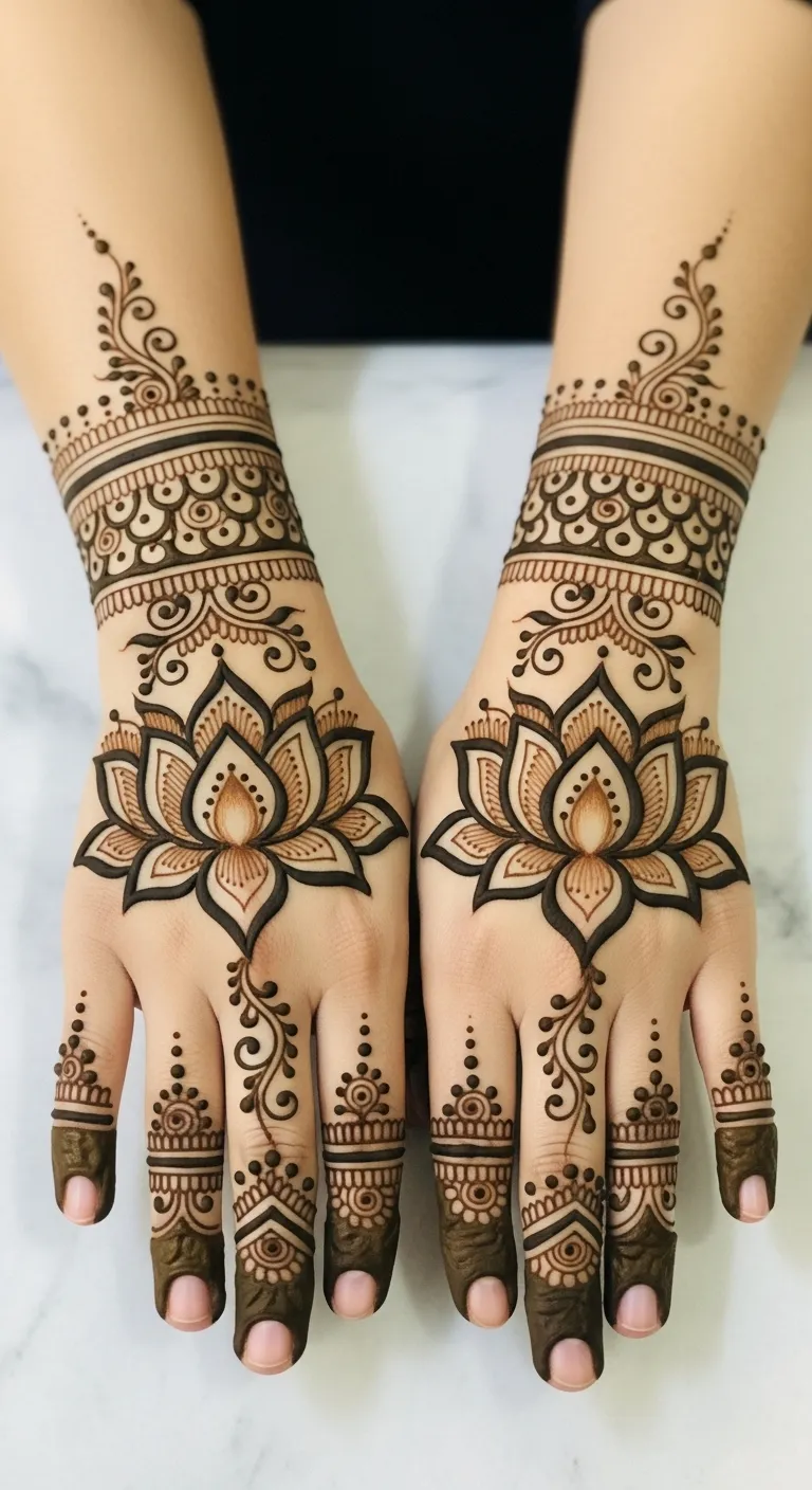Bridal lotus mirror pattern mehndi on both hands