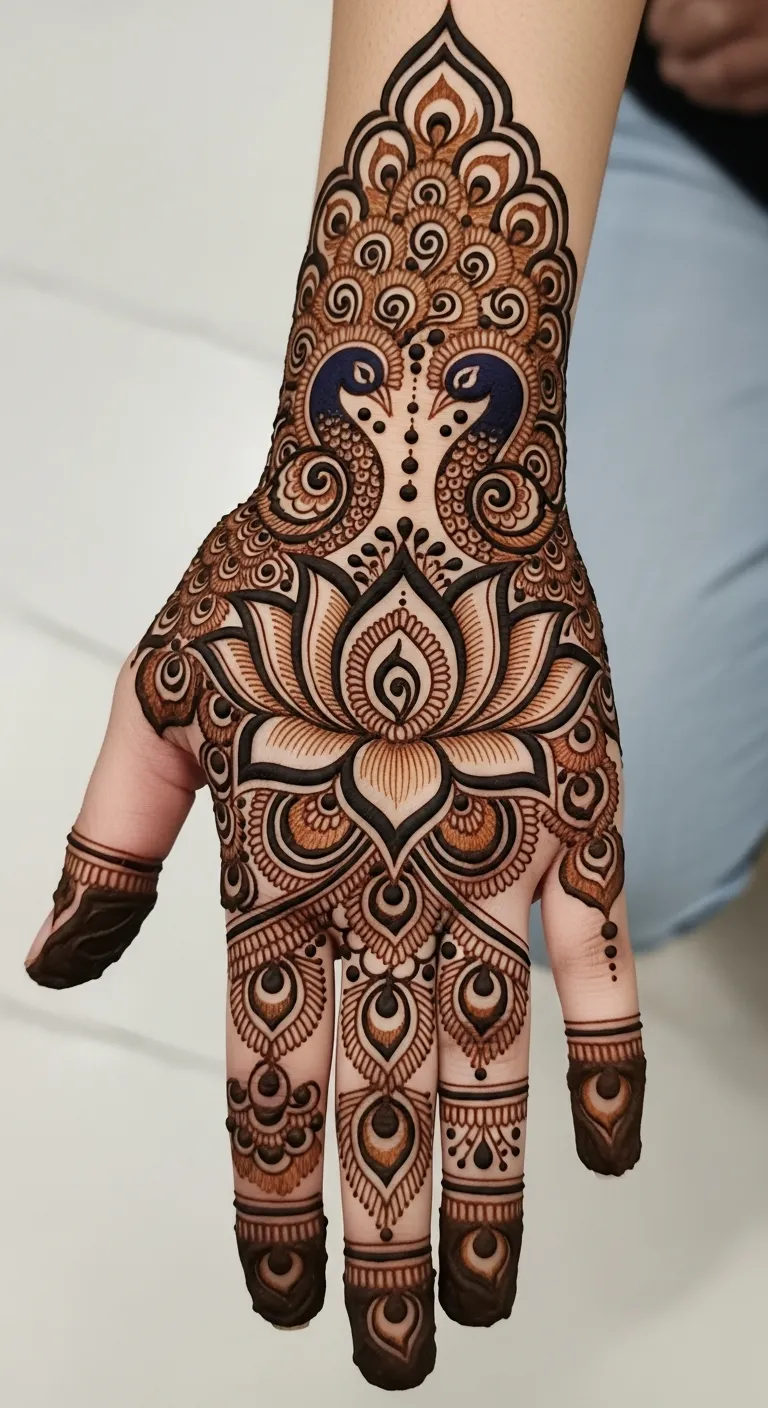 Bridal lotus and peacock mehndi design