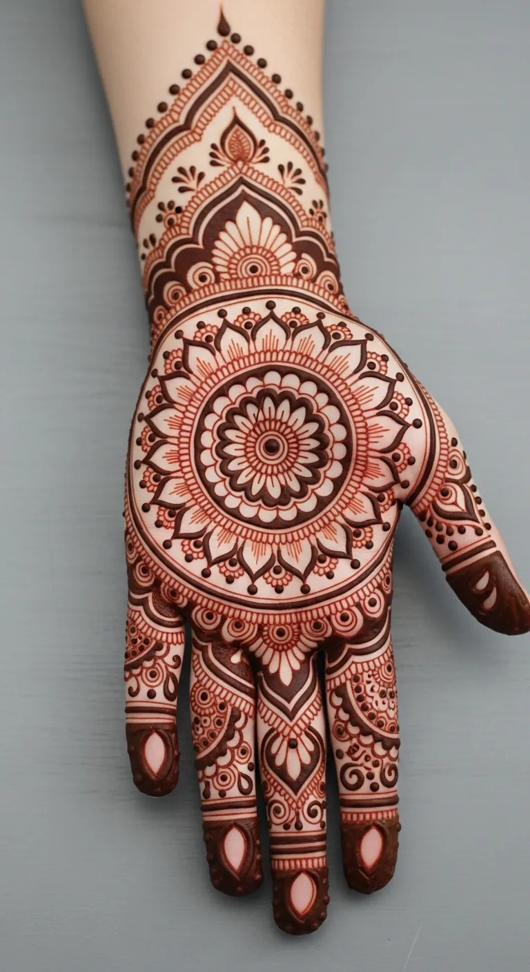 Bridal mandala mehndi with lotus and paisley layers