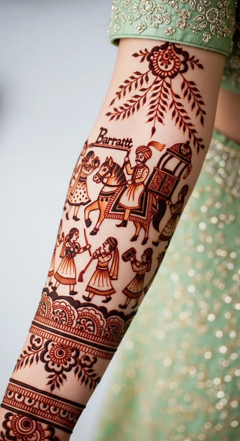 Bridal mehndi with baraat procession on forearm