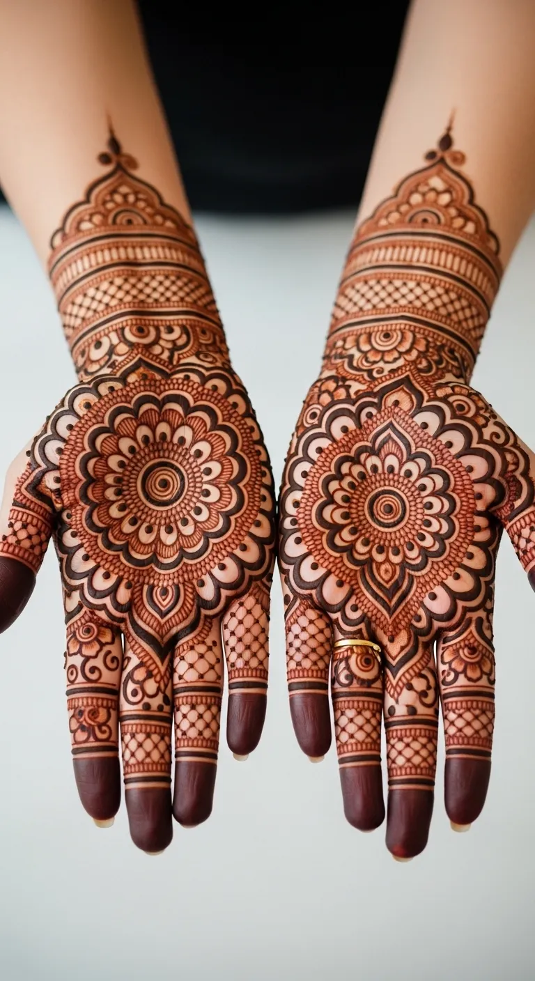 Bridal mehndi design with grand mandala on palm