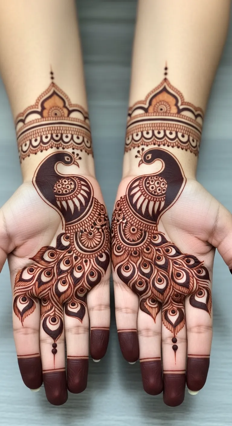 Bridal mirror peacock mehndi on both hands