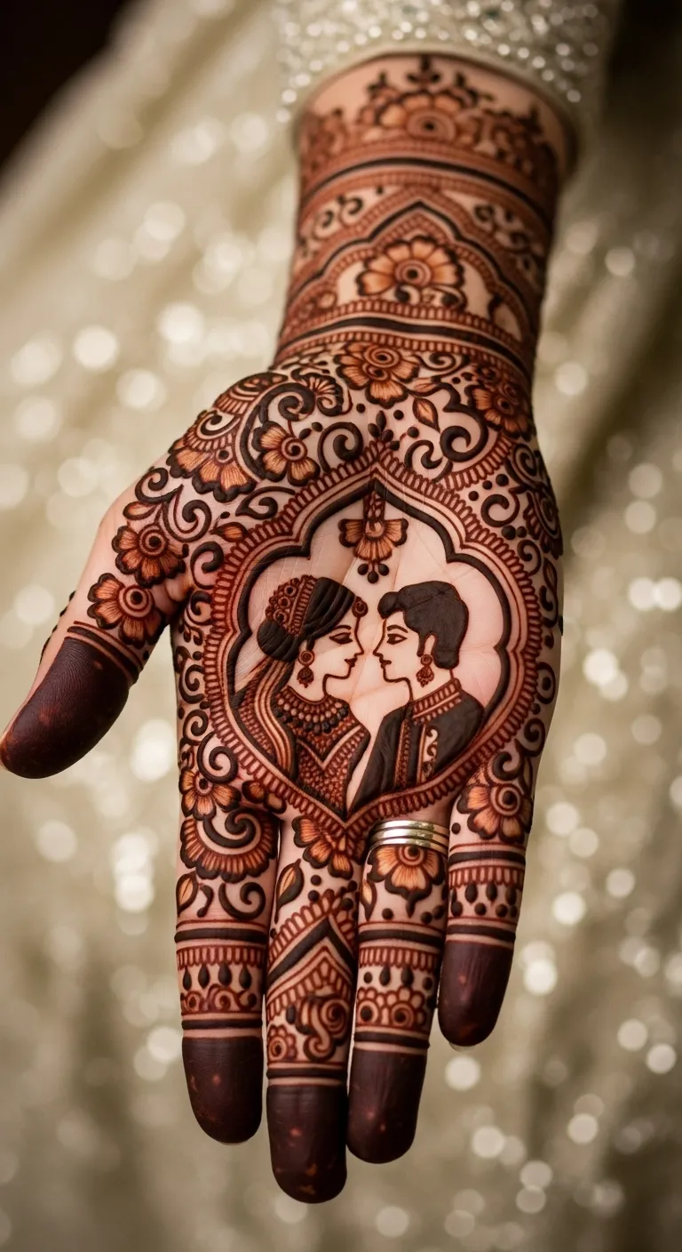 Bridal palm mehndi with bride and groom