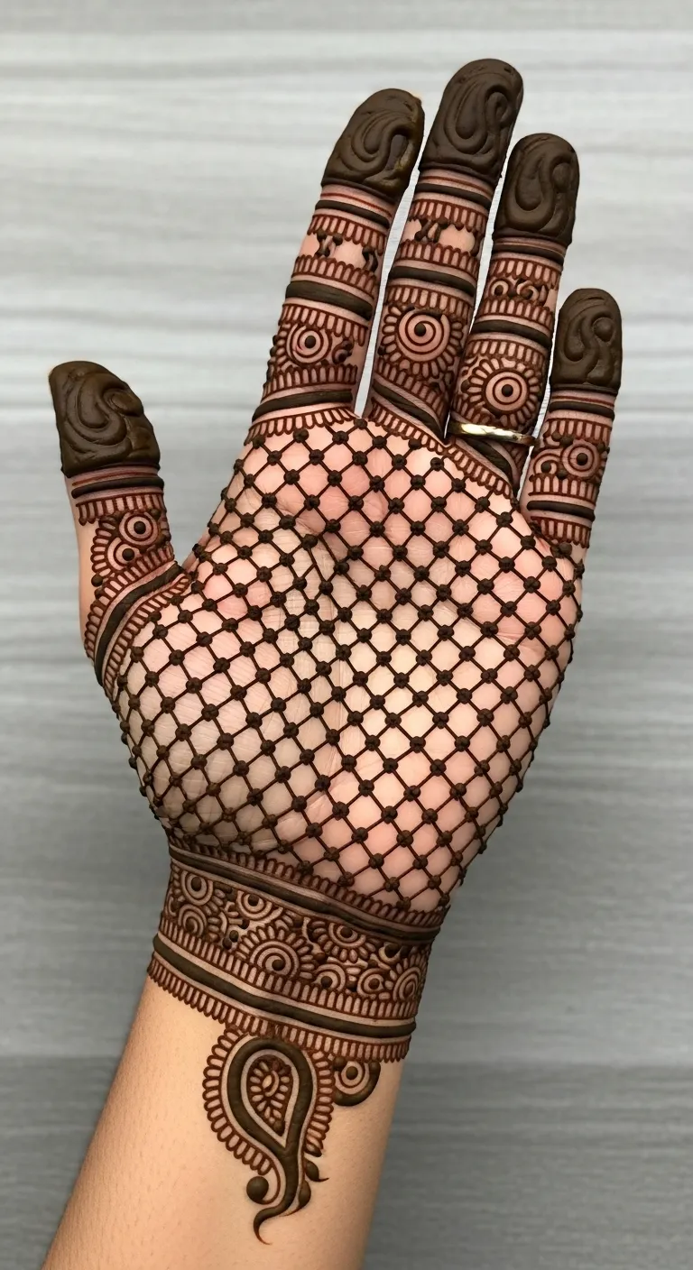 Bridal jaal paisley palm mehndi design