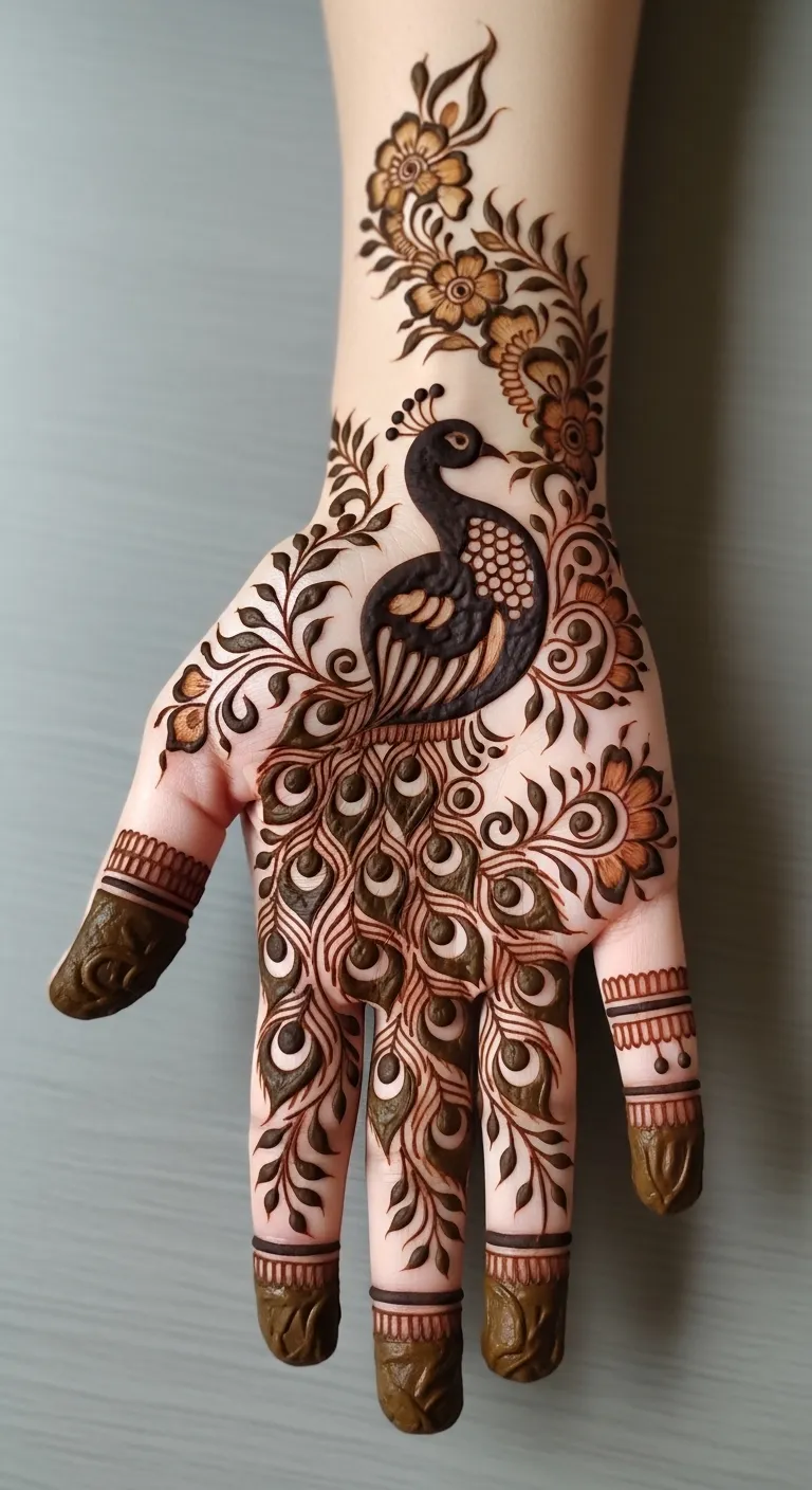 Bridal peacock mehndi covering palm and all fingers
